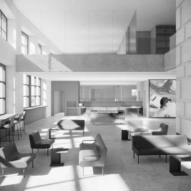black and white detail rendering of the new double-height espresso bar with natural light
